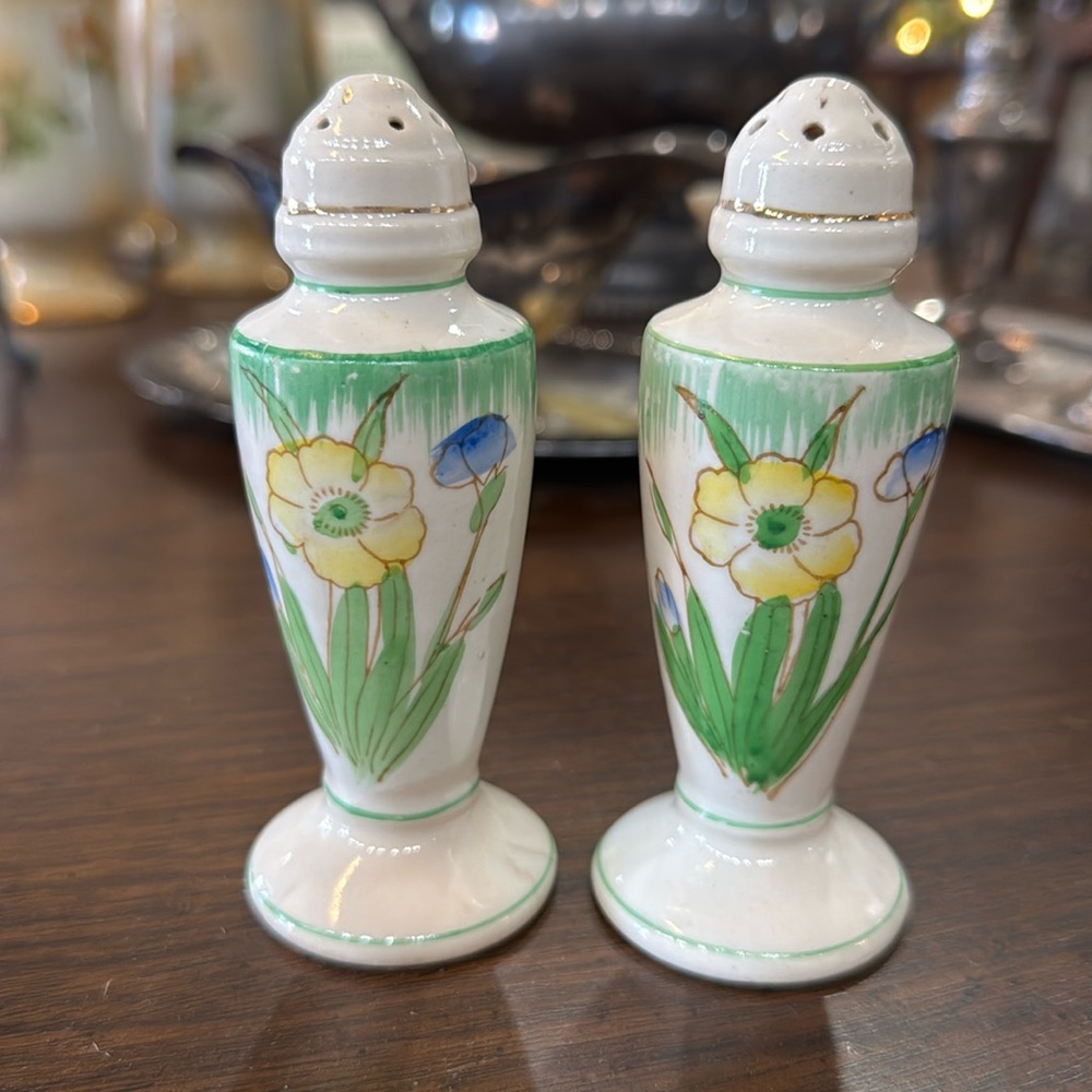 Carlton Ware Porcelain Japan Hand Painted Floral Gold Accent Salt Pepper Shakers